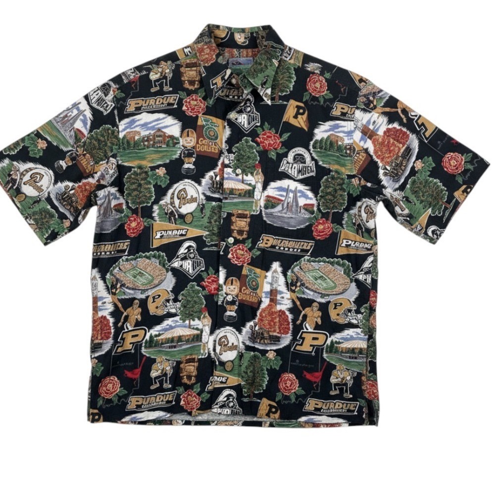 Reyn Spooner Purdue Boilermakers Hawaiian Shirt Mens Large Black Cotton L
